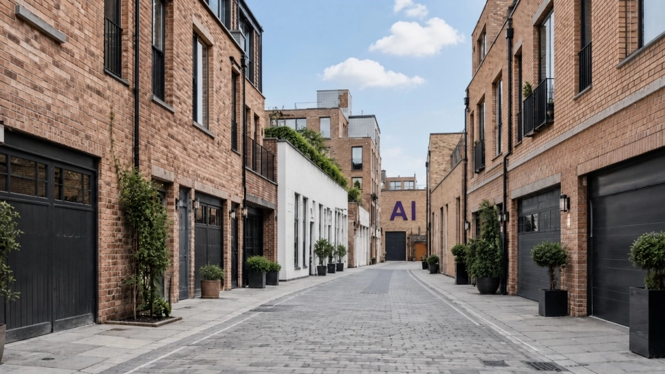 A brick mews street with AI painted on the building at the end