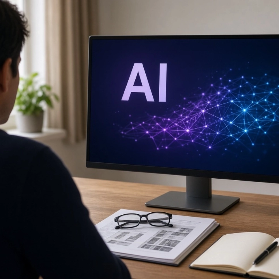 A professional seen from behind at a desk, looking at a computer screen showing AI
