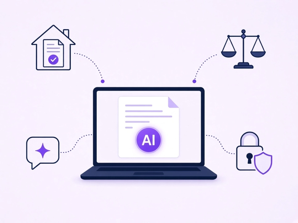 Illustration of a laptop with an AI document surrounded by icons for reports, legal risk, client communication and data protection
