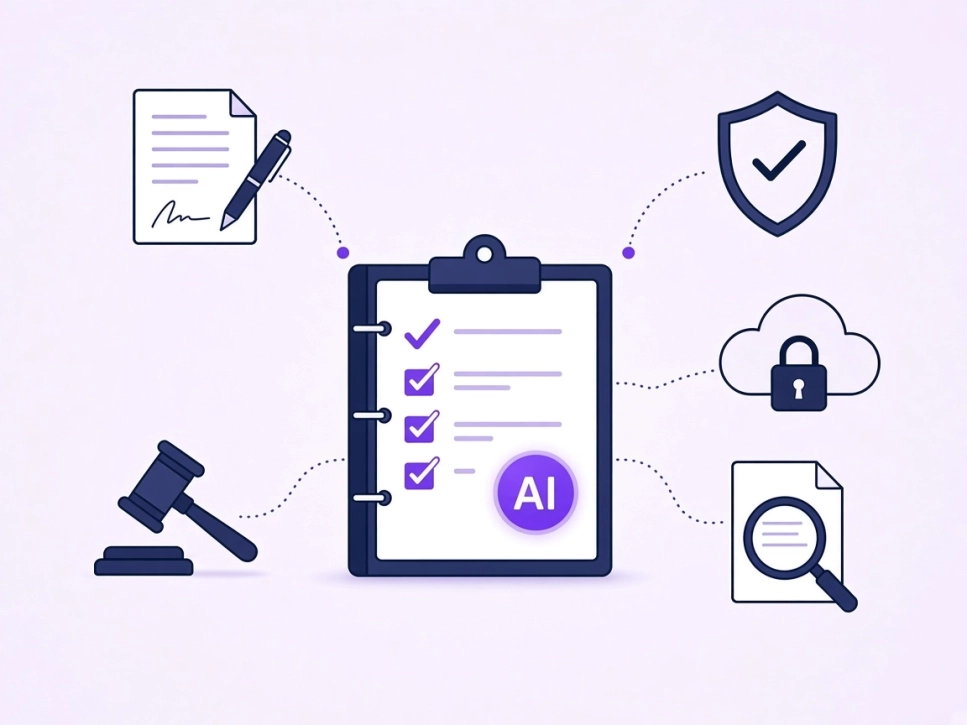 AI in surveying: checklist graphic with icons for contracts, insurance, legal liability, report review and data security